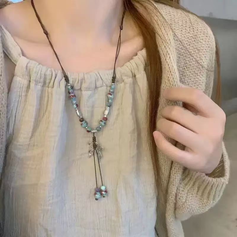 Retro Hong Kong Ceramic Butterfly Pendant Necklace