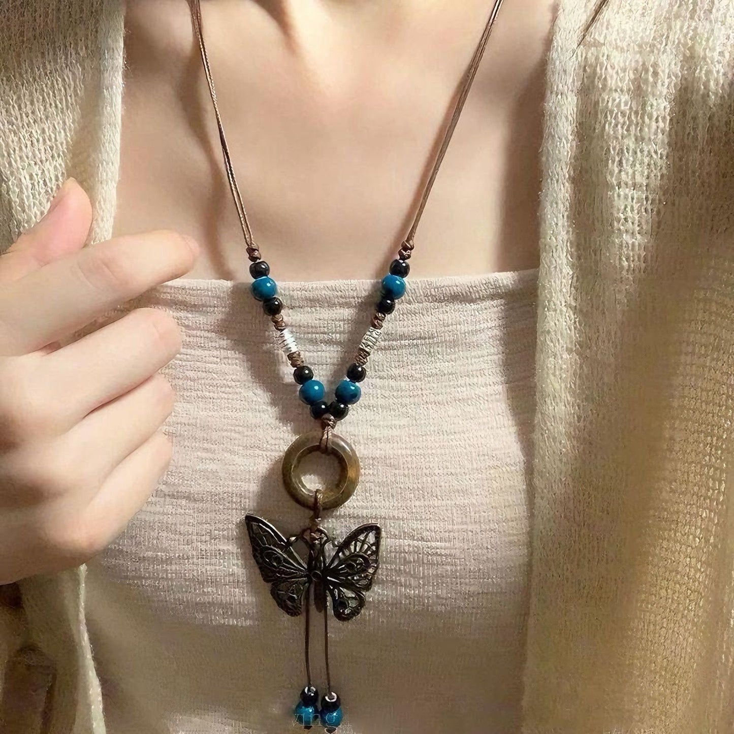 Retro Hong Kong Ceramic Butterfly Pendant Necklace