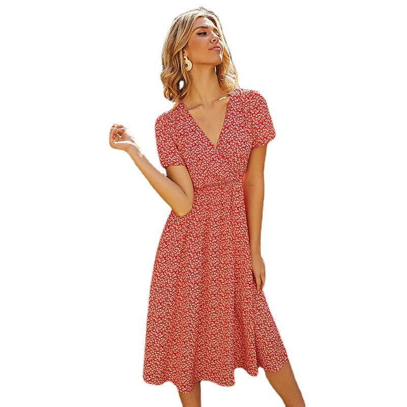 Printed V-neck Short-sleeved Mid-length Dress
