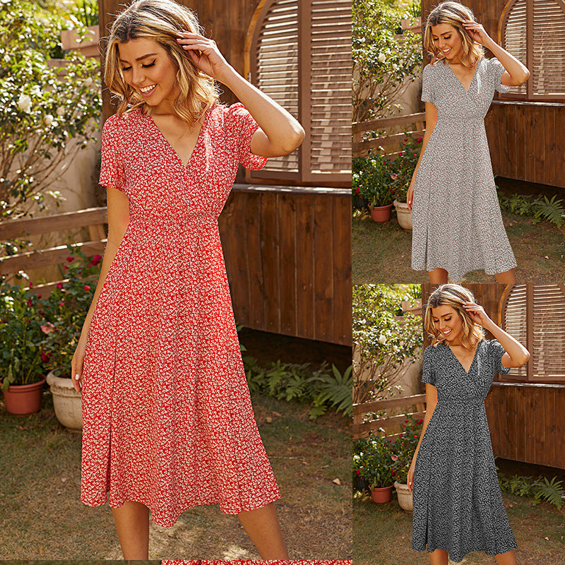 Printed V-neck Short-sleeved Mid-length Dress