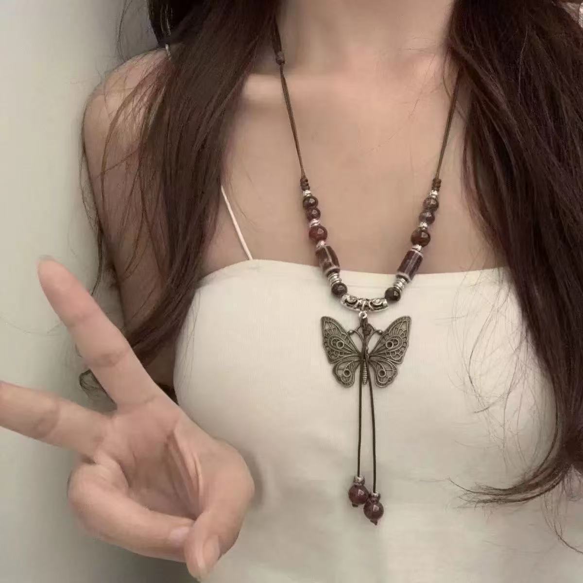 Retro Hong Kong Ceramic Butterfly Pendant Necklace