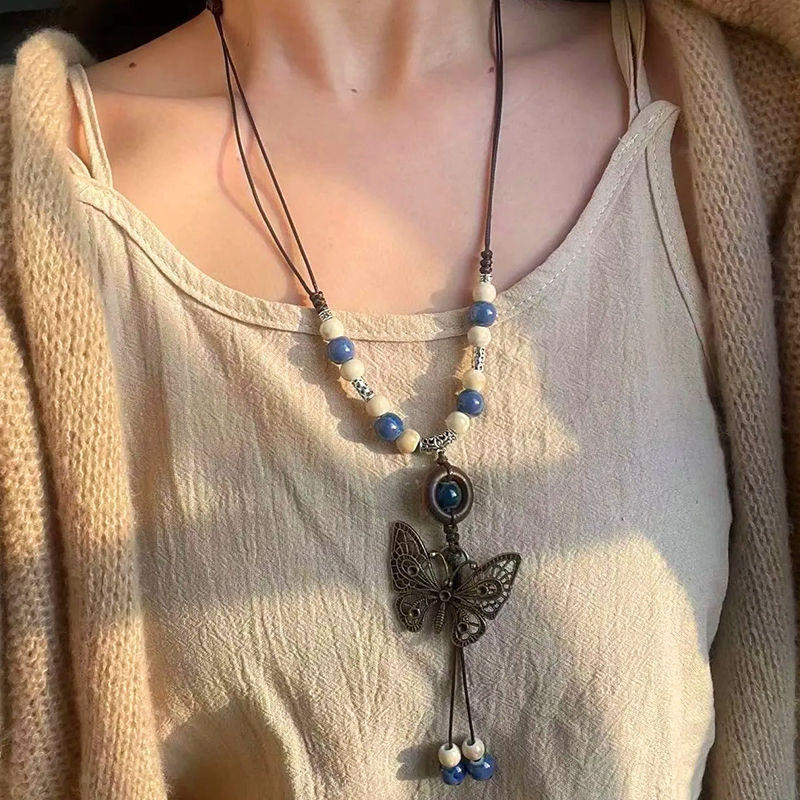Retro Hong Kong Ceramic Butterfly Pendant Necklace