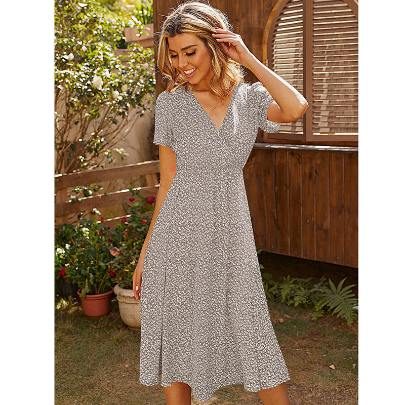 Printed V-neck Short-sleeved Mid-length Dress