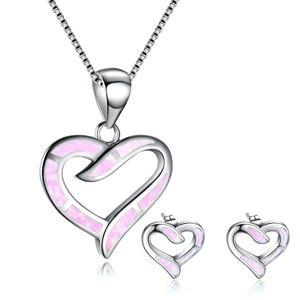 Peach Heart Necklace Ear Stud Accessories Set