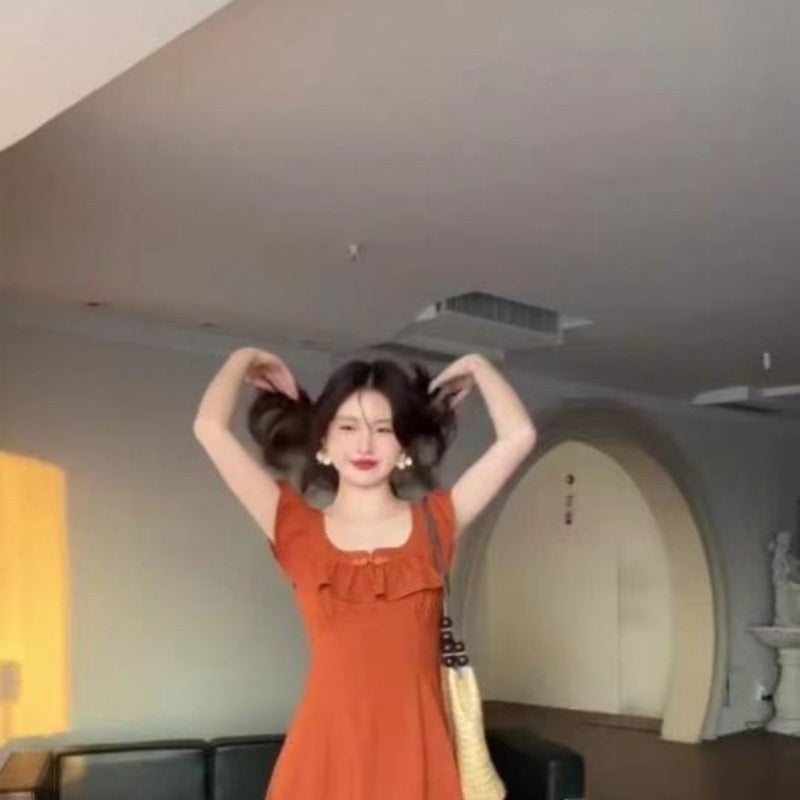 Tea Break Classic Style Orange Dress Female