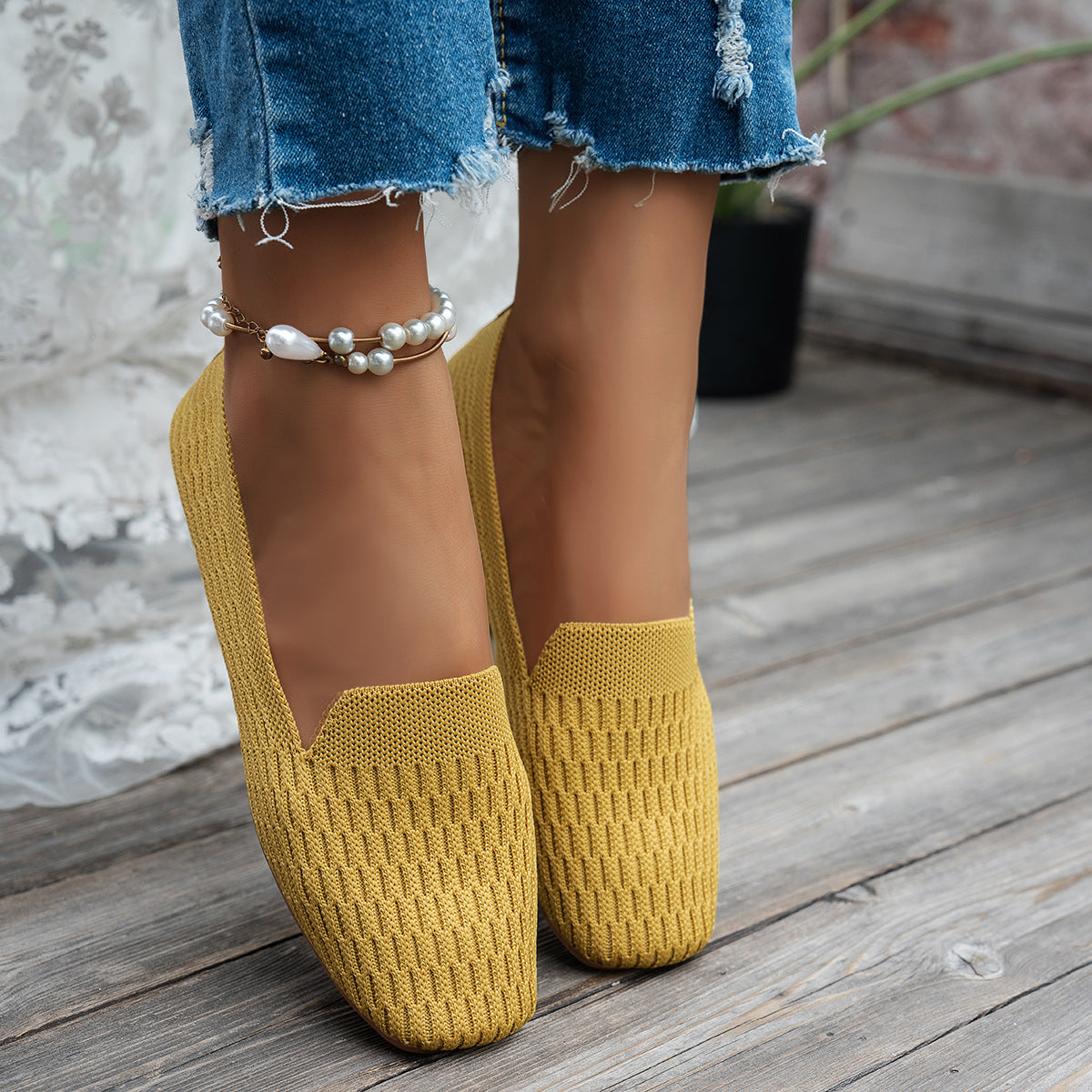 Knitted Soft Bottom Braided Shoes Breathable Low-cut