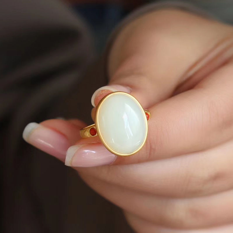 Gilding Inlaid Hetian Egg Noodles Elegant Female Open Ring