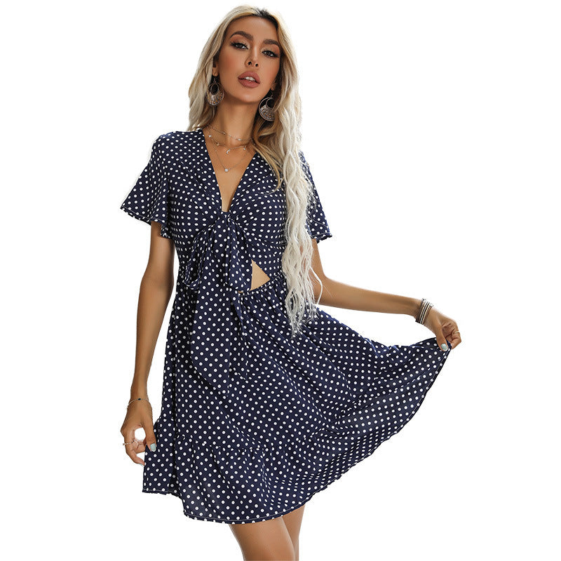 V-neck Tie Bow Short-sleeved Sexy Dress