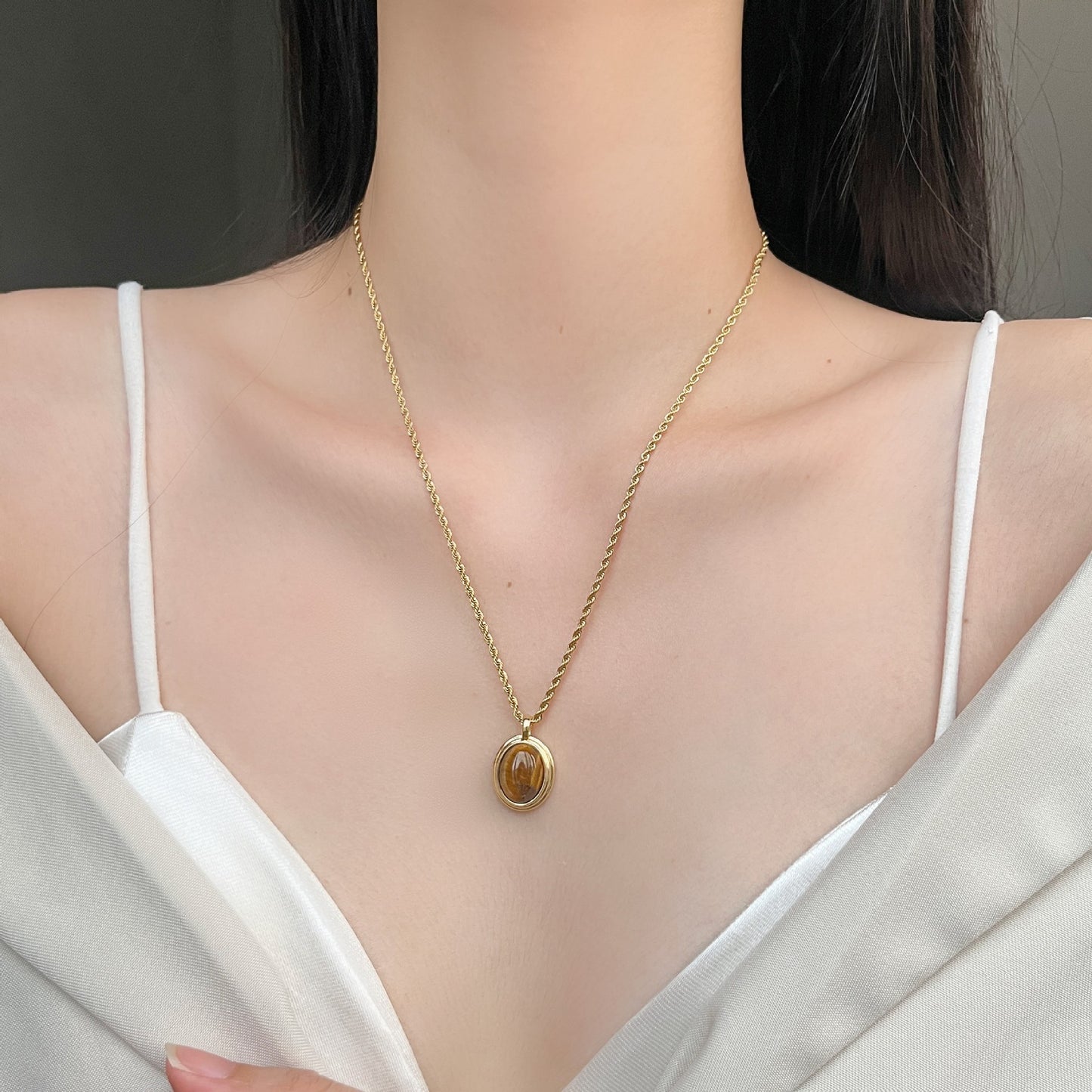 Maillard Retro Style Natural Tigereye Titanium Steel Necklace