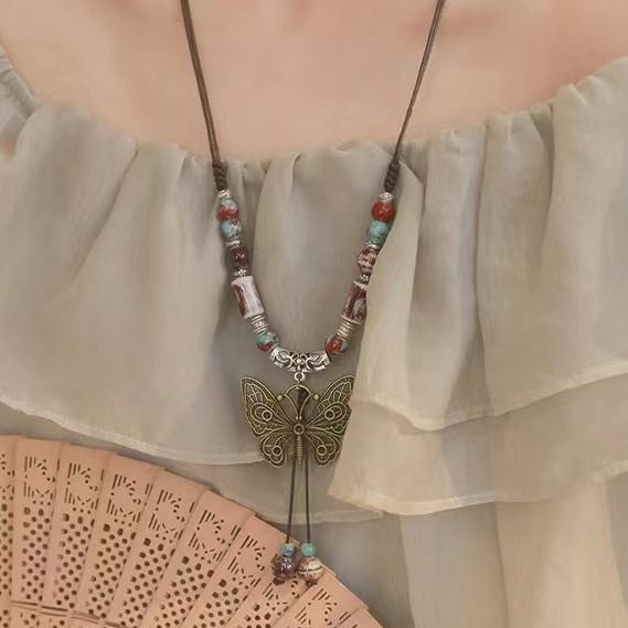 Retro Hong Kong  Ceramic Butterfly Pendant Necklace