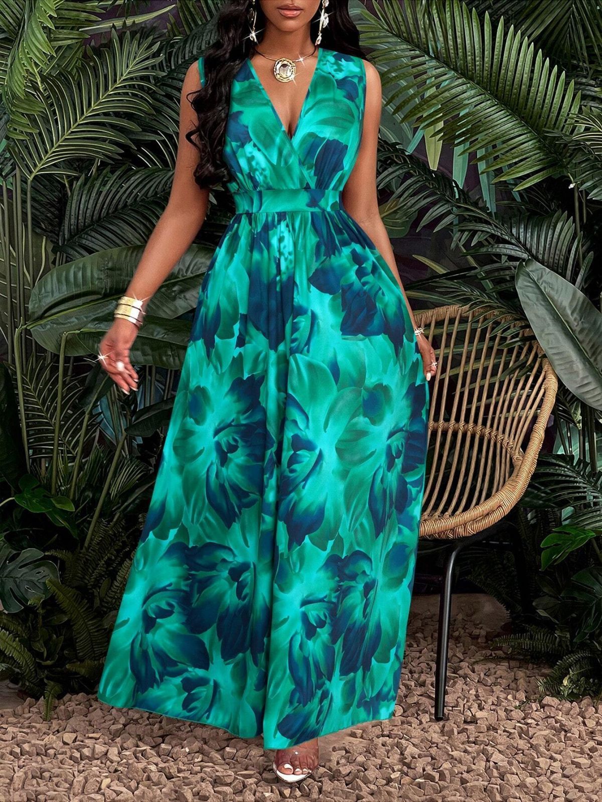 Tropical Printing V-neck Waist Twist Knitted Slim Fit Flare Skirt
