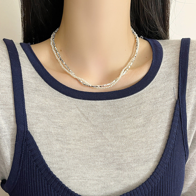 Double-layer Winding Small Pieces Of Silver Pearl Necklace For Women