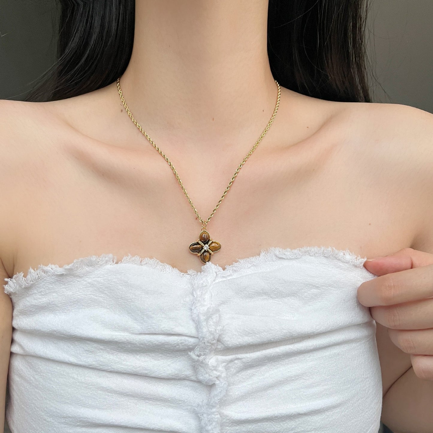 Maillard Retro Style Natural Tigereye Titanium Steel Necklace