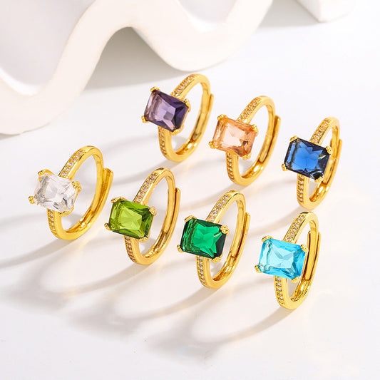Fashion Japanese Style Simple Retro Electroplated 18K Square Zircon Ring