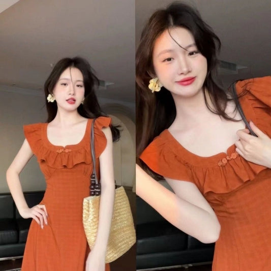 Tea Break Classic Style Orange Dress Female