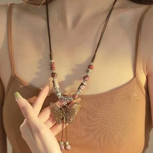 Retro Hong Kong  Ceramic Butterfly Pendant Necklace
