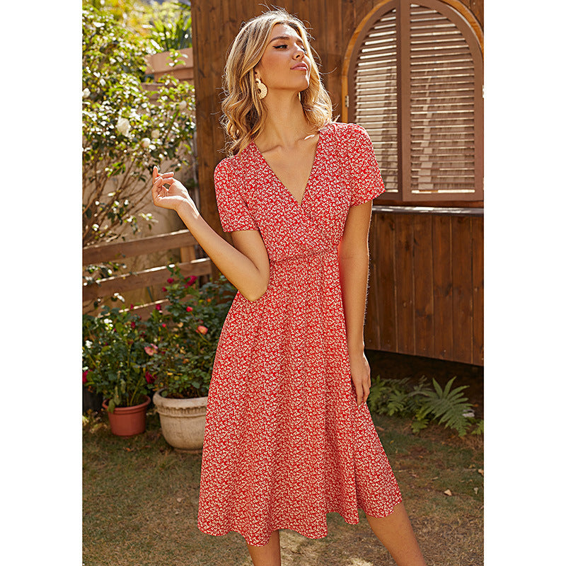 Printed V-neck Short-sleeved Mid-length Dress