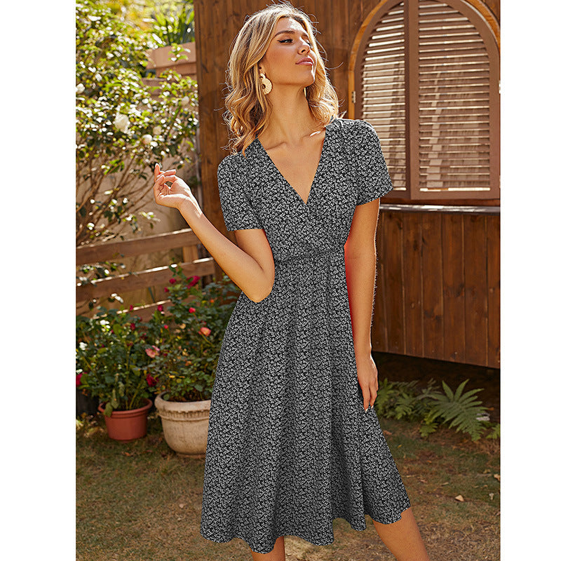 Printed V-neck Short-sleeved Mid-length Dress